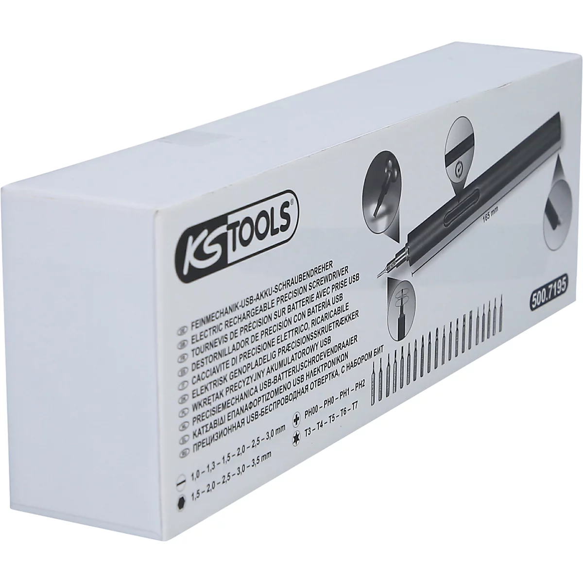 Weiße Produktverpackung mit KS Tools Logo und Produktabbildung. Textdetails: Feinmechanik USB Akku-Schraubendreher und weitere Sprachen.